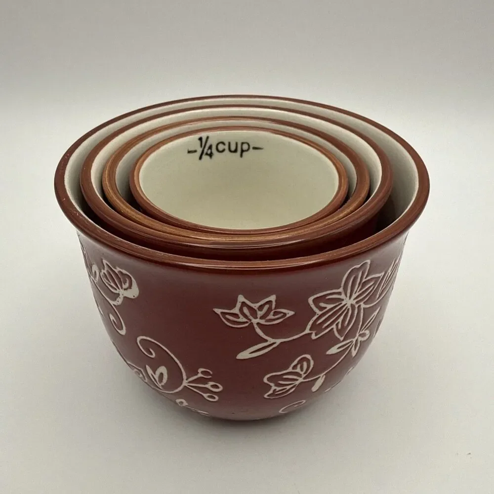 Temp-tations By Tara Floral Lace Measuring 4 Cups Nesting Cup Set Cranberry EUC